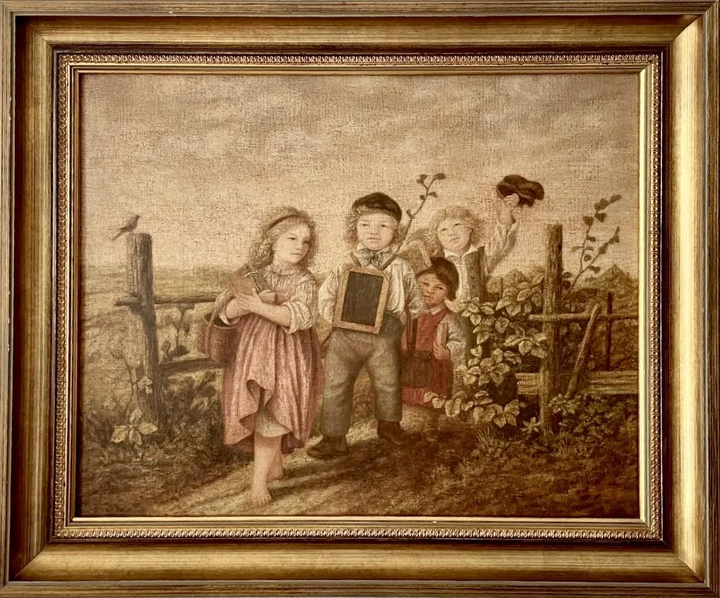Les écoliers, huile sur toile de Walter Stasierowski : un groupe d'enfants réunis autour d'une ardoise devant une barrière de bois, encadrement doré.